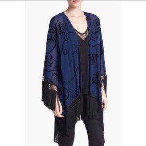 ASTR Blue w/Black Velvet Floral Fringed Kimono - Size XS - Fits up to Large